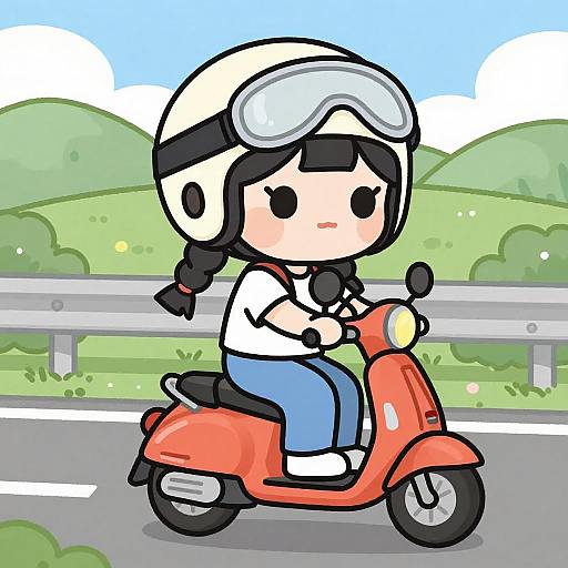 Chibi Girl Riding Scooter on Road
