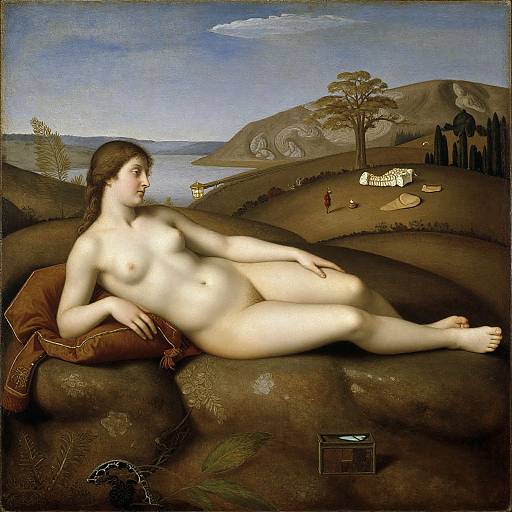 Renaissance painting of a nude, fair-skinned woman with medium breasts, lying on a pillow in a serene landscape with hills, trees, and