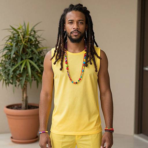 Photograph of a black man with long dreadlocks, wearing a yellow tank top and pants, colorful bead necklaces, and bracelets, standing in front