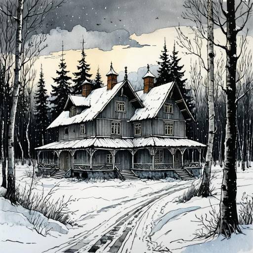 Elegant Winter Dacha in Birch Forest