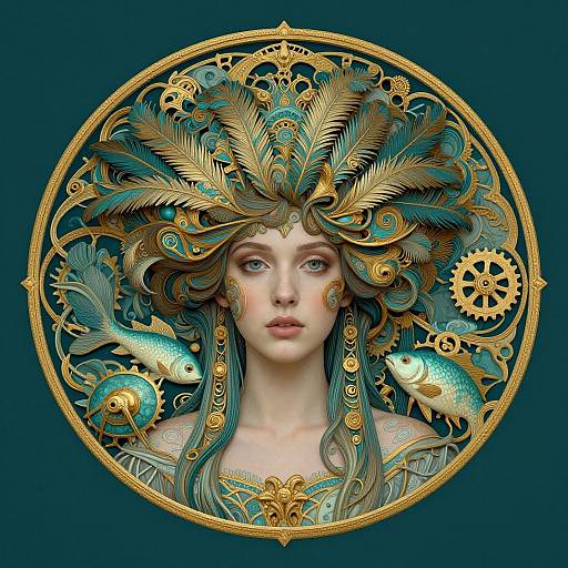 Digital artwork of a pale-skinned, ethereal woman with teal hair, wearing an ornate golden feathered headdress, surrounded by gold gears and