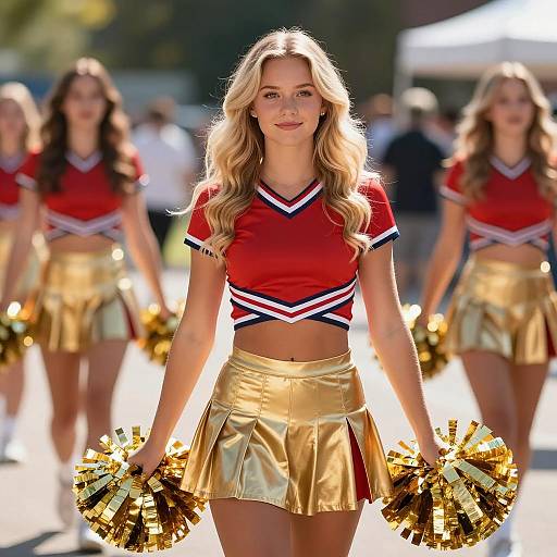Blonde Cheerleader in Red and Gold Uniform