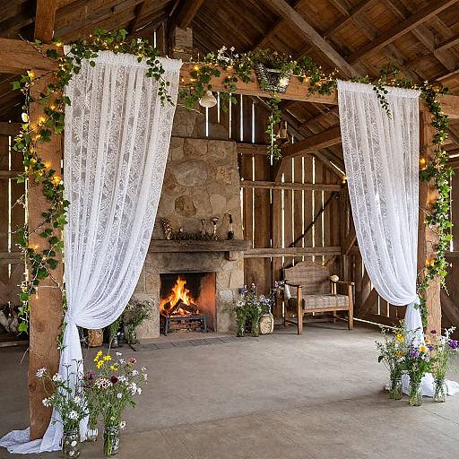 Photograph of a rustic barn wedding setup with white lace curtains, floral garlands, wooden beams, stone fireplace, and a burning fire.