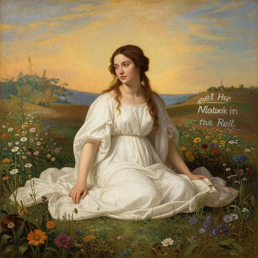 Photograph-style painting of a young woman with wavy brown hair, wearing a white, flowing dress, sitting in a colorful meadow at sunset,