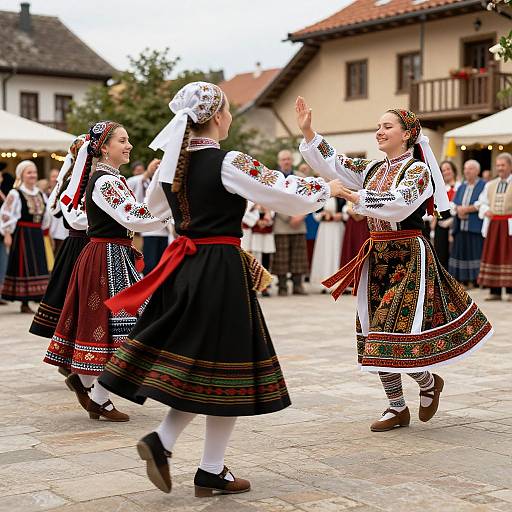 Photograph of two young women in traditional European folk dance attire, black dresses with colorful embroidery, white blouses, and red sashes, dancing in