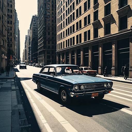 Retro Blue Car in Urban Landscape