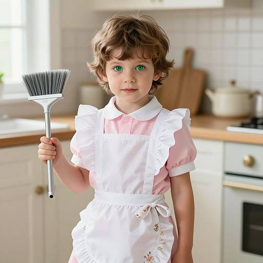 Photograph of a young boy with green eyes, wavy brown hair, wearing a pink shirt and white apron, holding a brush in a bright