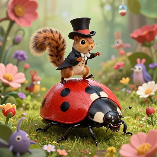 Digital illustration of a cute squirrel in a black top hat and coat, standing on a red ladybug with black spots, in a vibrant, fairy-t