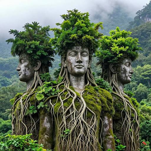 Colossal Tree-Crowned Statues in Mist