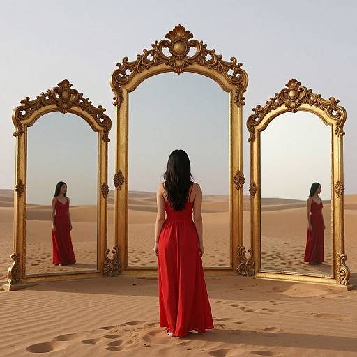 Woman in red dress stands in desert, facing ornate gold mirrors reflecting her back. Sand dunes stretch into horizon. Photorealistic digital art.
