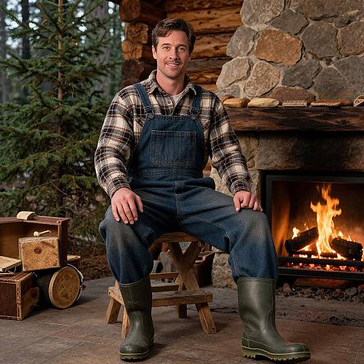 Photograph of a smiling, bearded man in plaid shirt and denim overalls, seated on a stool by a roaring stone fireplace, wearing black