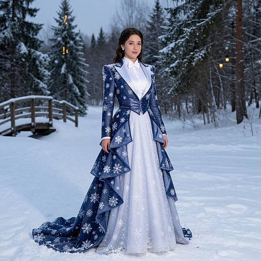 Photograph of a fair-skinned woman with dark hair in a snowy forest, wearing a white lace gown and blue snowflake-patterned jacket, standing