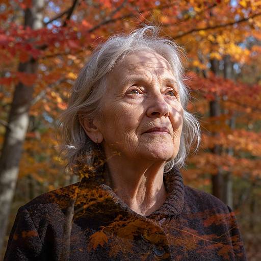 Photograph of an elderly woman with silver hair, wearing a dark coat, standing in a forest with vibrant autumn leaves in the background. Warm sunlight illumin