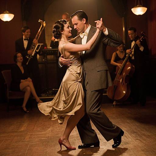 Photograph of a passionate ballroom dance couple in elegant attire, surrounded by jazz musicians in the dimly lit, vintage-style room.