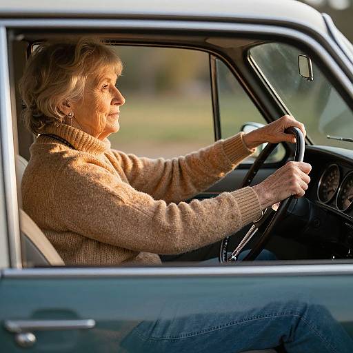 Photograph of an elderly woman with short, wavy blonde hair, wearing a beige knitted sweater, driving a classic blue car. Sunlight illumin