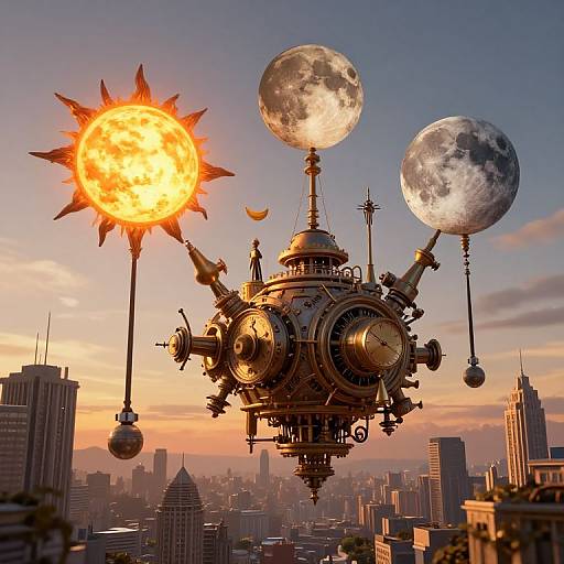 Steampunk airship with giant sun and moon orbs, clock faces, and ornate details flying above a sunset-lit cityscape. Digital art