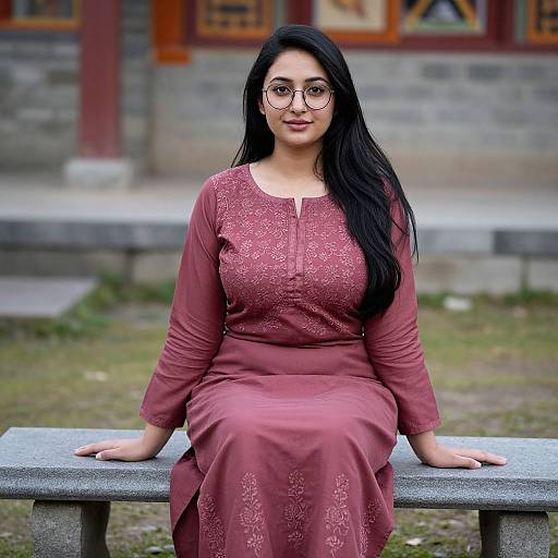 Photograph of a smiling South Asian woman with long black hair, glasses, and a pink embroidered long-sleeve dress, sitting on a stone bench