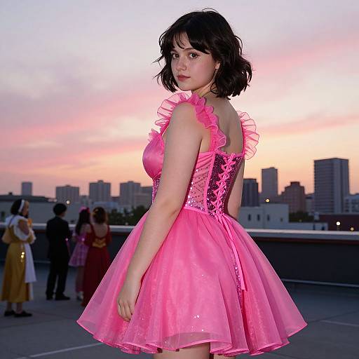 Photograph of a young woman with fair skin and short black hair, wearing a vibrant pink, ruffled, lace-back dress, standing on a rooftop