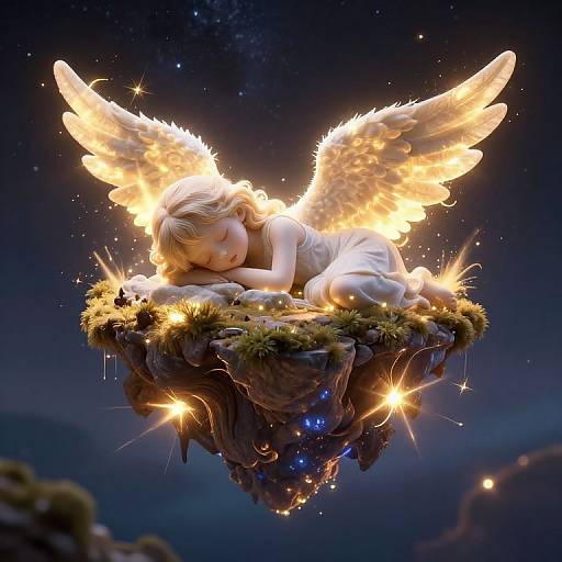 Digital art of a glowing, angelic child with golden wings, sleeping on a floating, moss-covered rock in a starry night sky.