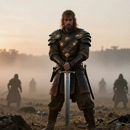 Photograph of a bearded, armored warrior with long hair, holding a sword, standing in misty, dawn-lit battlefield with silhouet