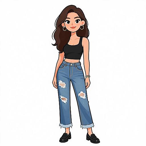 Digital cartoon of a confident woman with long brown hair, wearing a black crop top, ripped blue jeans, and black loafers.