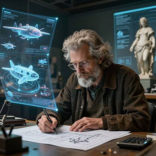 Elderly man with gray beard, glasses, and brown jacket sketches futuristic aircraft on paper in a high-tech, illuminated room.