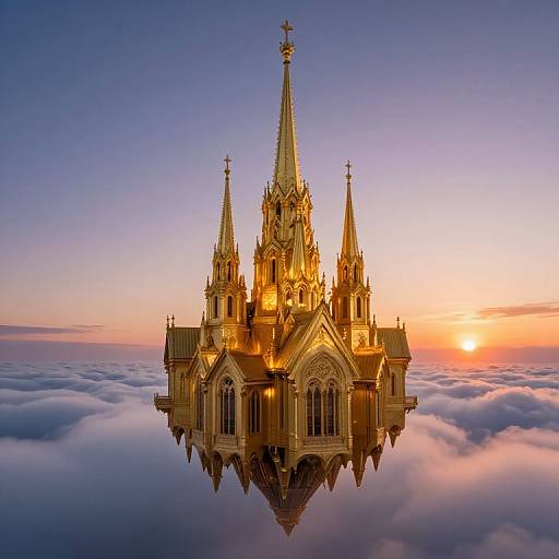 Photograph of a golden Gothic-style cathedral with three spires, floating above a sea of clouds during a vibrant sunset.