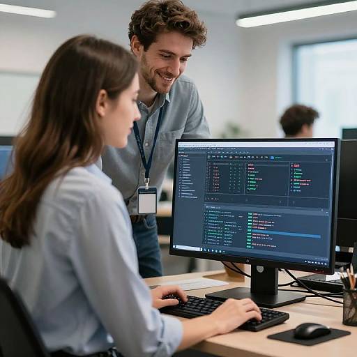 Photograph of a smiling male coworker standing behind a seated female programmer, both in light blue shirts, working on coding software on dual monitors in a