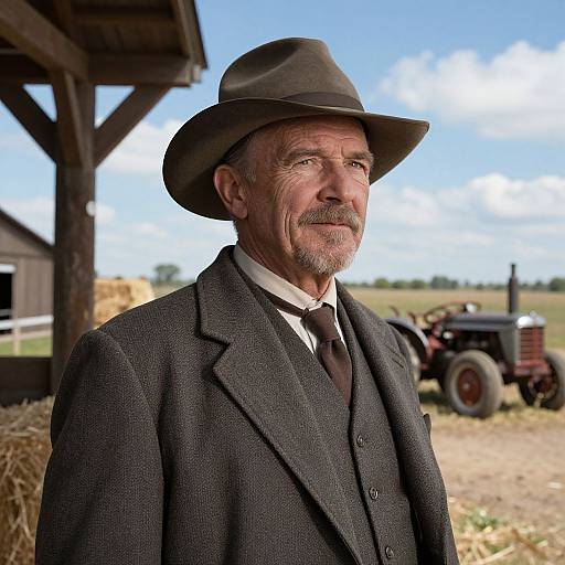 Photograph of an older white man with a gray beard and mustache, wearing a brown hat, dark three-piece suit, and white shirt, standing