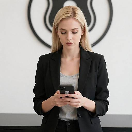 Blonde Woman in Black Blazer Using Smartphone
