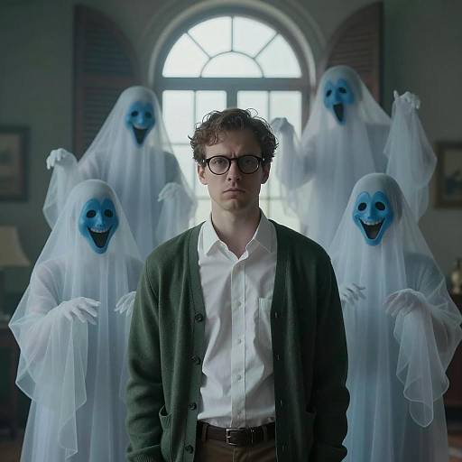 Man Surrounded by Smiling Blue-Faced Ghosts