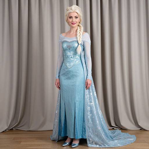 Photograph of a blonde woman in a long, sparkling blue Elsa-style gown with long sleeves, standing against gray curtains, wearing silver shoes, with a