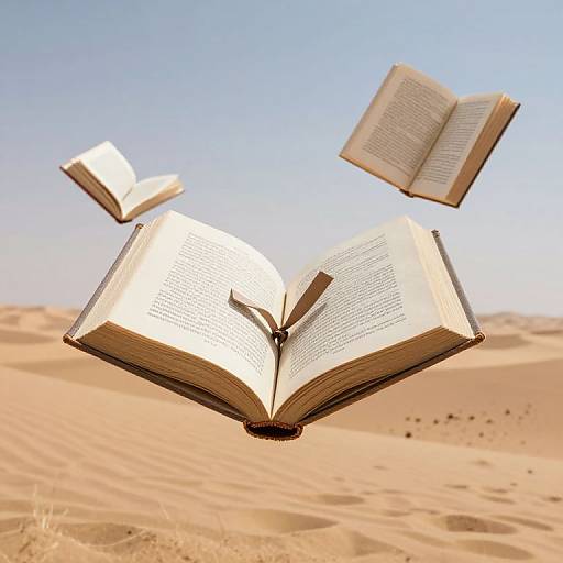 Photograph of three open books floating in a clear blue sky over a sandy desert with gentle dunes. Books are illuminated by sunlight.