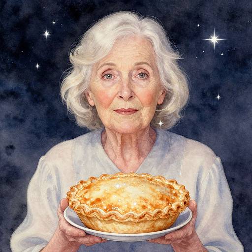 Digital painting of an elderly white woman with short white hair, wearing a white robe, holding a golden, ruffled pie against a dark, starry