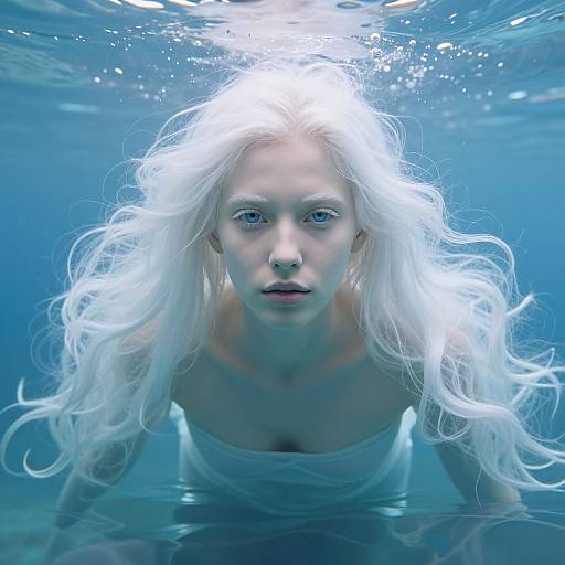 Photograph of a pale-skinned, blue-eyed woman with long, flowing white hair swimming underwater, wearing a white top, with light illuminating from