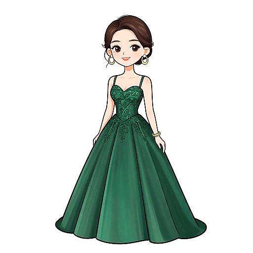 Digital illustration of a young woman with fair skin and brown hair in an updo, wearing a dark green, strapless, full-length gown with intricate