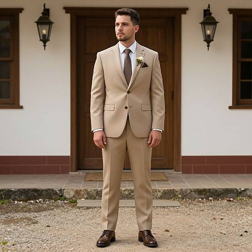 Photograph of a handsome man in a beige suit, white shirt, and patterned tie, standing in front of a wooden door with black lanterns