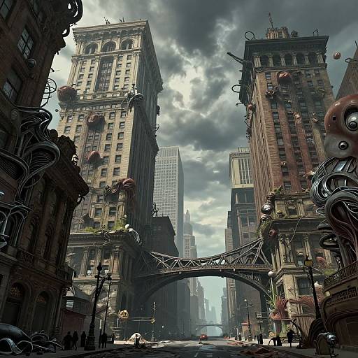 Photorealistic digital artwork of a dark, dystopian city street with towering, ornate buildings, mechanical tendrils, overcast sky, and a