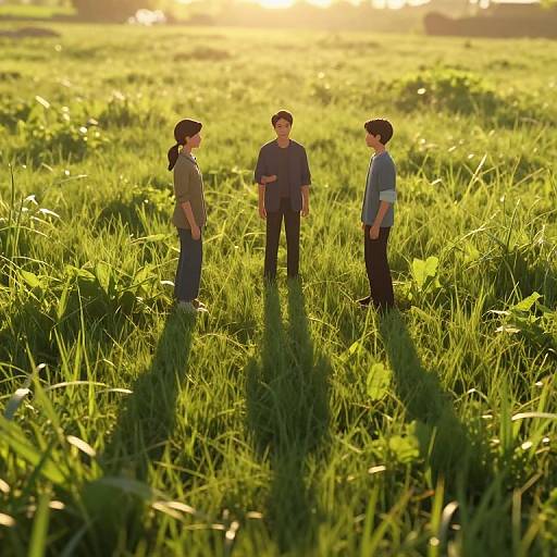 Photograph of three casually dressed adults standing in a sunlit, lush green field, casting long shadows, discussing with golden sunlight in the background.