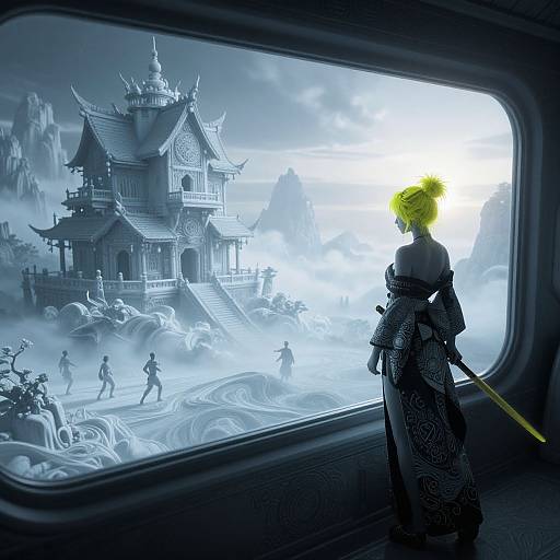 Digital art: Silhouetted woman with yellow hair and patterned kimono gazes through window at ethereal, misty Asian temple scene with