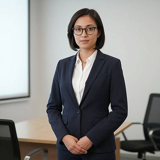 Photograph of an Asian woman with short black hair, wearing black-rimmed glasses, a navy blazer, and white shirt, standing in a