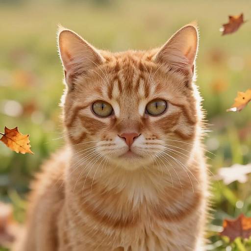 Close-up photograph of a ginger tabby cat with green eyes, standing in a sunlit field of green grass and falling autumn leaves.