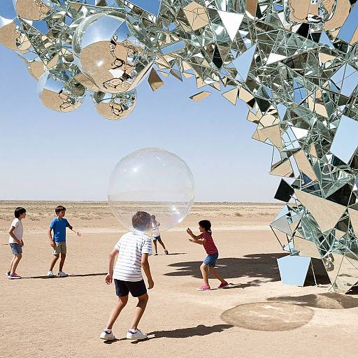 Photograph of four children playing with bubbles under a large, reflective glass sculpture in a desert-like, sandy landscape on a bright, clear day.