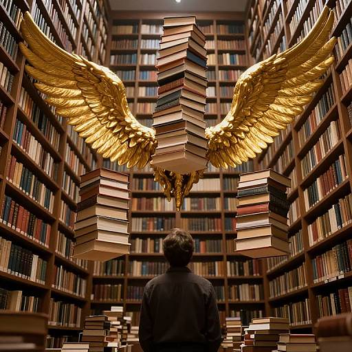 Photograph of a person with short, dark hair standing in a library, facing golden angel wings made of books, surrounded by towering bookshelves.