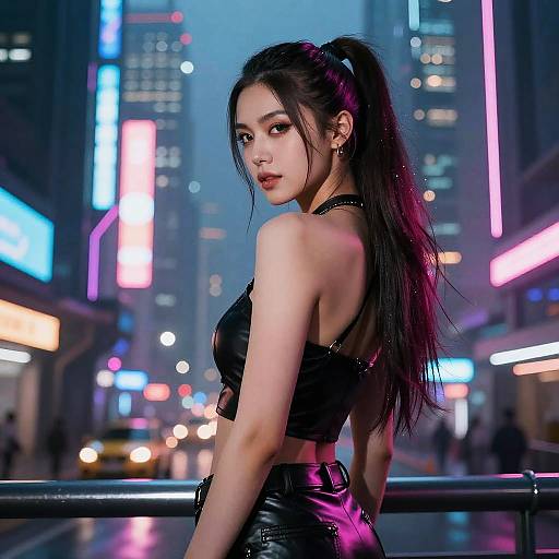Photograph of an Asian woman with long black hair in a high ponytail, wearing a black leather crop top and skirt, standing in a neon-l