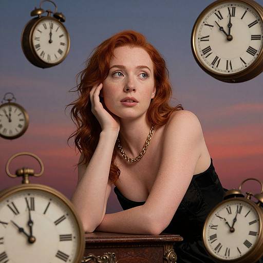 Dreamy Redhead with Floating Clocks