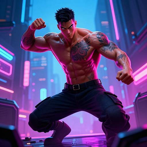 Muscular, tattooed, shirtless man with black spiky hair and black pants, crouching in neon-lit futuristic cityscape, fists