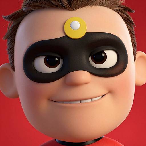 CGI close-up of a smiling, cartoon-style superhero child with large eyes, black mask, yellow forehead gem, and red background.