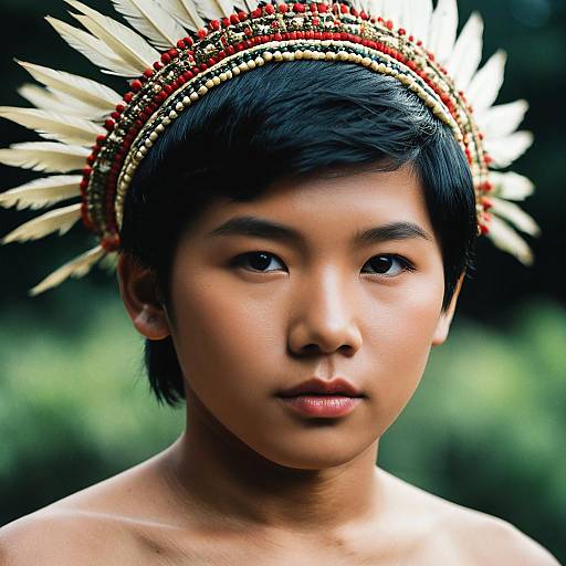 Young Filipino Boy Wearing Traditional Feathered Headdress