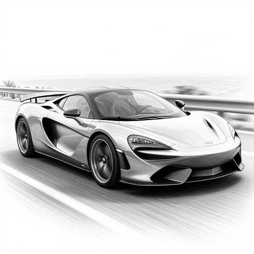 Monochrome digital illustration of a sleek, futuristic sports car with aerodynamic lines and aggressive headlights, speeding on a blurred road.
